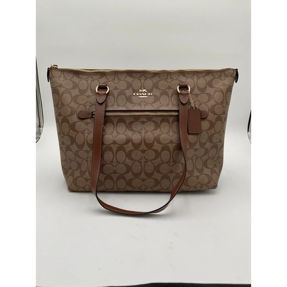Coach Signature Zip Top Tote Bag Brown Khaki Canvas Leather Shoulder Purse